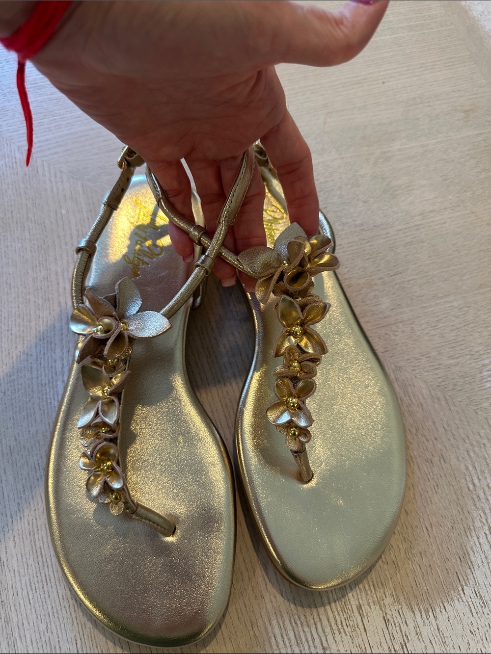 Lilly Pulitzer Metallic Gold Floral T-Strap Sandals